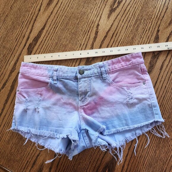 Billabong Purple Ombre Distressed Frayed Jean Shorts Size 8 Low Rise y2k Beach - Picture 5 of 7
